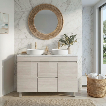 Timber Look Coastal Oak Camden 1200mm Freestanding Double Bowl Vanity Calacatta Solid Surface Stone