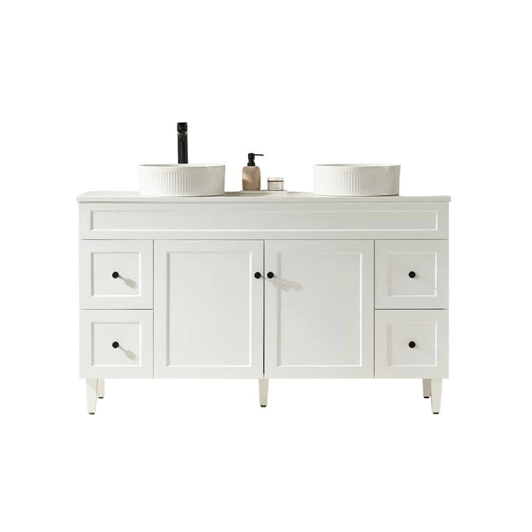 Harrington Hampton Shaker 1500mm Matte White Double Bowl PVC Waterproof Freestanding Vanity Carrara Stone Top