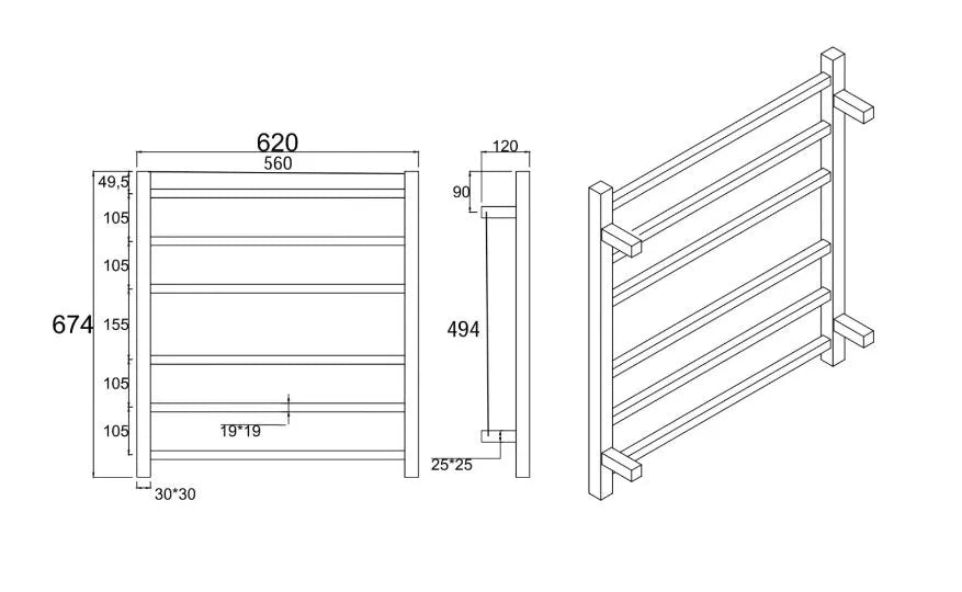 Matte Black Electric Heated Towel Rail Towel Rack 6 Bars