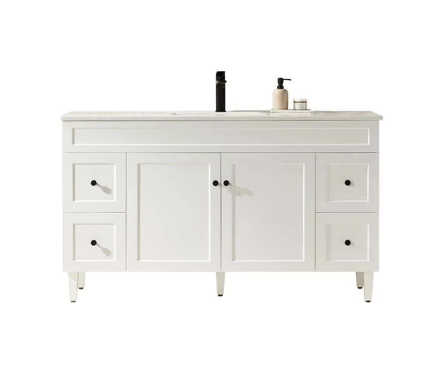 Harrington Hampton Shaker 1500mm Matte White PVC Waterproof Freestanding Vanity Carrara Stone Top