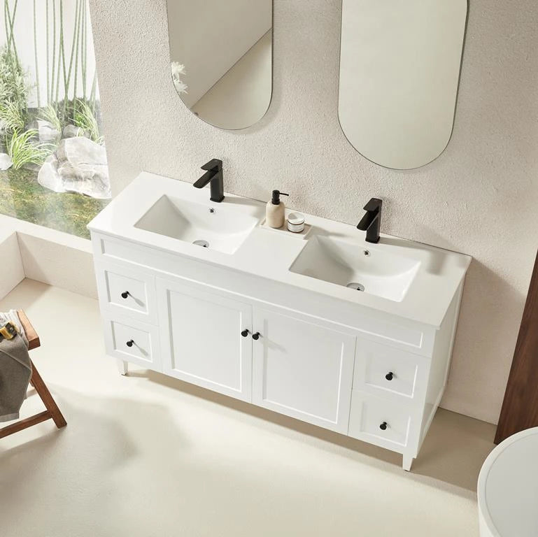 Harrington Hampton Shaker 1500mm Matte White Double Bowl PVC Waterproof Freestanding Vanity Carrara Stone Top