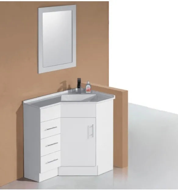 Corner Vanity 900x600mm Gloss White With Polymarble Basin Top