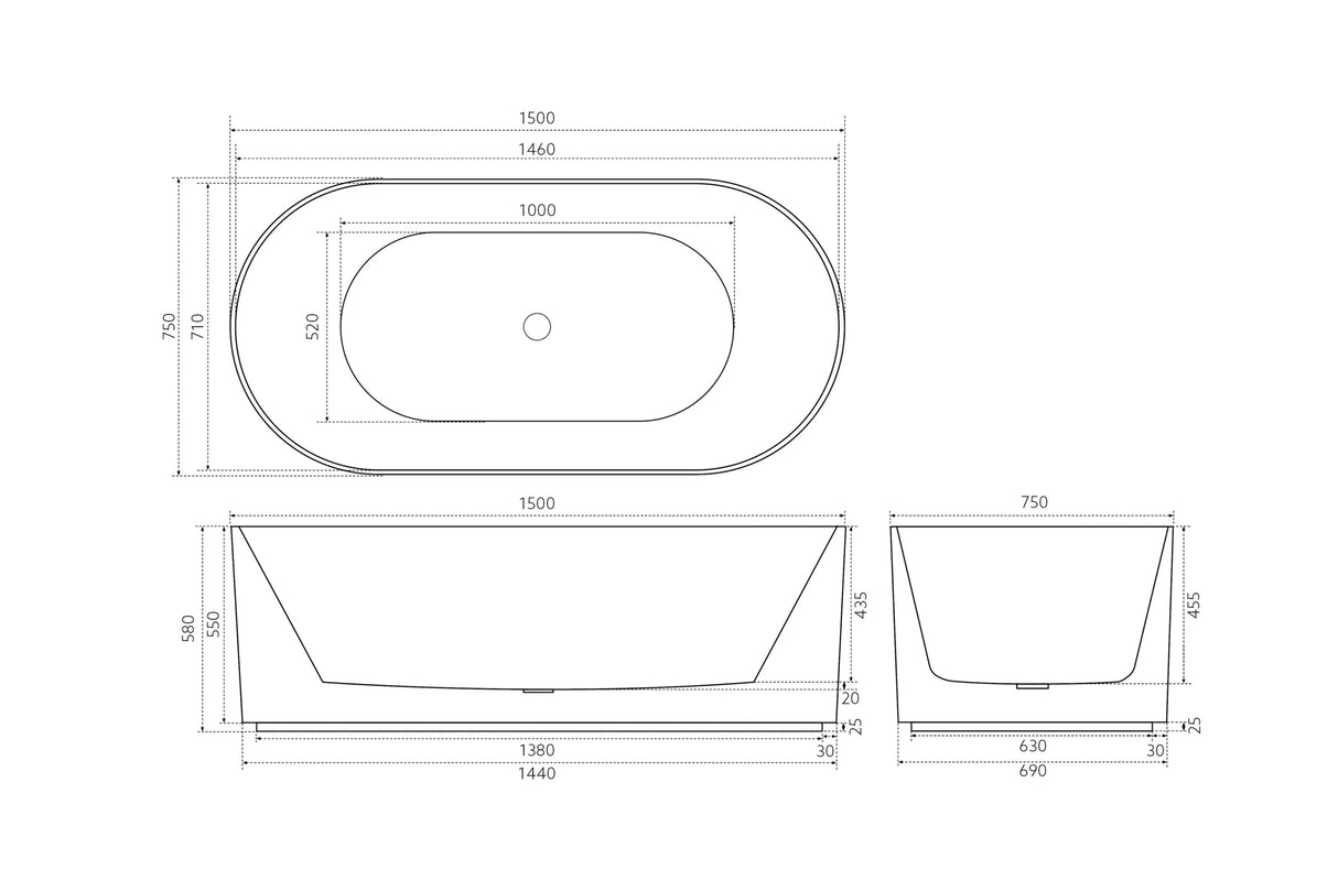Ally Groove Fluted Oval Round Freestanding Bathtub 1500mm Matte Black