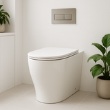 Modern white toilet in a bathroom with a plant and cabinet.