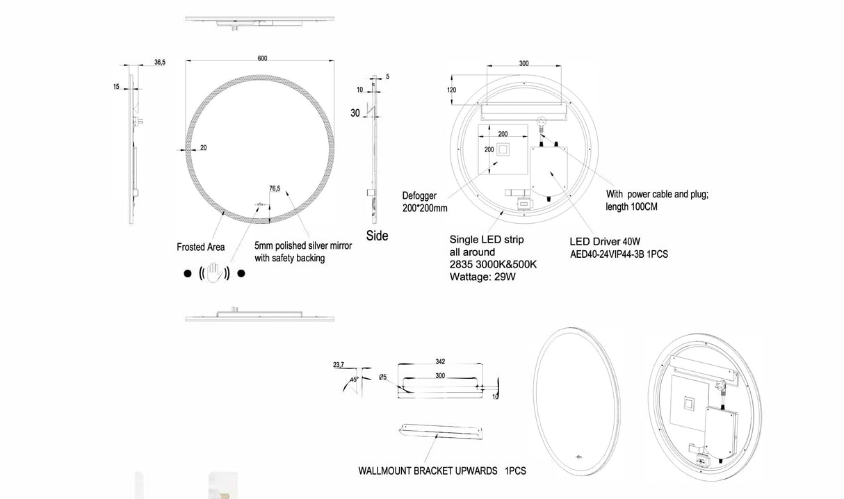 Luna Round Frameless Anti-Fog Backlit Bathroom LED Mirror 600x600mm