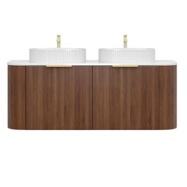 Timber Fluted Curved 1500mm Vanity Walnut Artis-S Double Bowl Waterproof Wall Hung Carrara Stone top