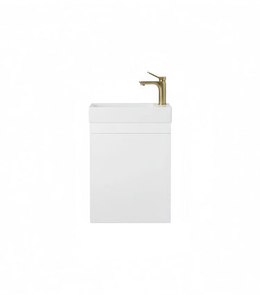 Alpha PVC Waterproof 450mm Wall Hung Compact Ensuite Vanity in gloss white with modern brass tapware