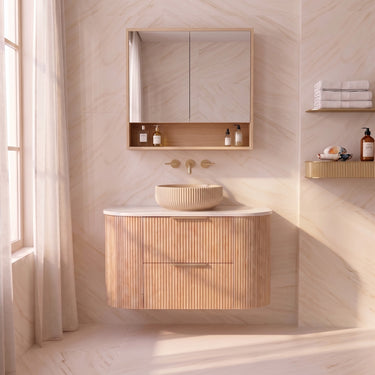 Timber Classic Oak Artis 750mm Fluted Curved Waterproof Wall Hung Vanity Imperial Statuario Stone top
