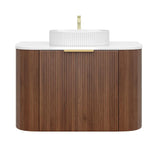 Timber Fluted Curved Walnut Artis 750mm Waterproof Wall Hung Vanity Calacatta White Stone top