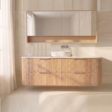 Timber Fluted Curved Artis 1500mm Single Bowl Wall Hung Vanity - Classic Oak with Calacatta Stone Top