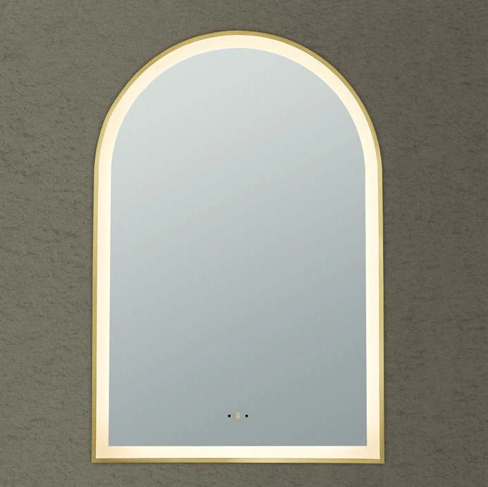 Brushed Gold LED Mirror Aura Arched Framed Anti-Fog Bathroom 600x900mm