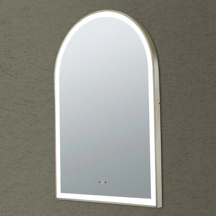 Brushed Nickel LED Mirror Aura Arched Framed Anti-Fog Bathroom 600x900mm