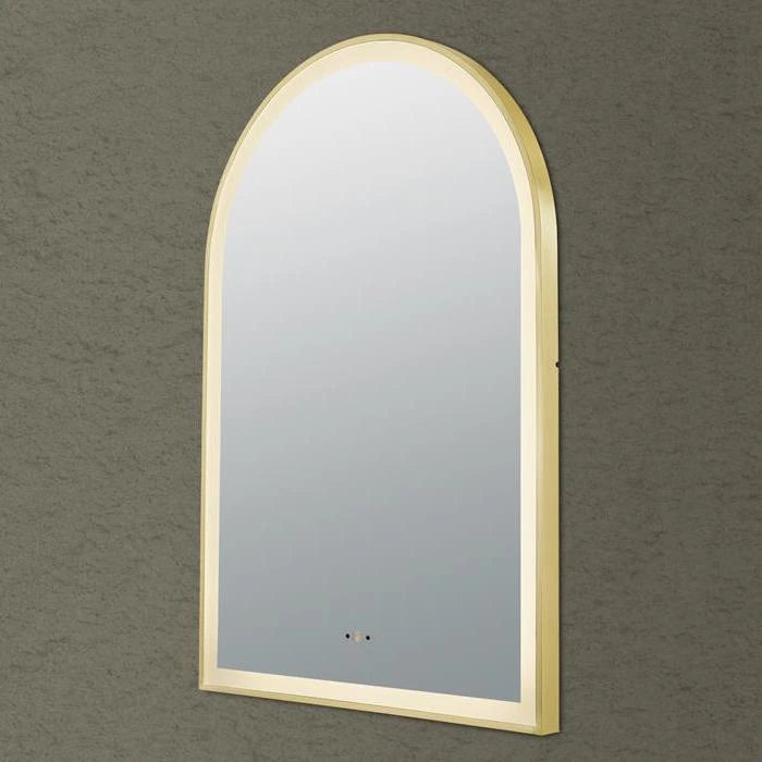 Brushed Gold LED Mirror Aura Arched Framed Anti-Fog Bathroom 600x900mm