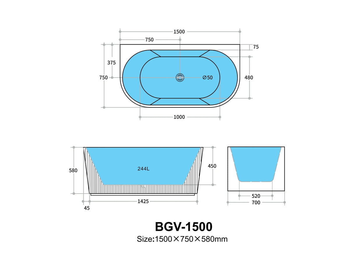 Bari 1500mm Fluted Back to Wall Freestanding Matte White Bathtub