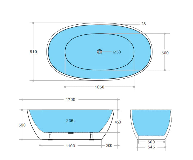 Matte Black Freestanding Bathtub 1500/1700mm Stella Oval Round
