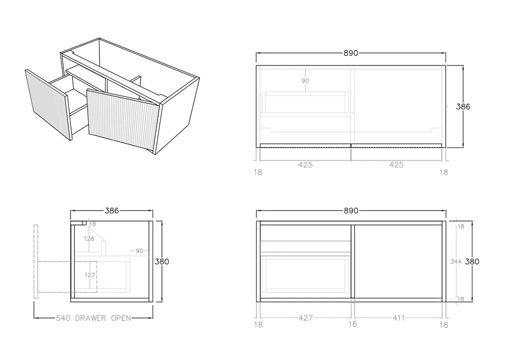 Ceto Ensuite Slim Fluted Wall Hung Drawer Vanity 900*395mm Prime Oak with Stone Top