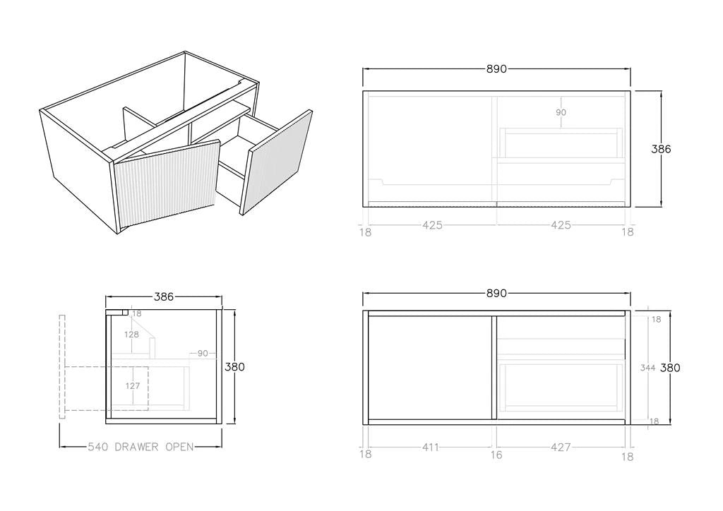 Ceto Ensuite Slim Fluted Wall Hung Drawer Vanity 900*395mm Prime Oak with Stone Top