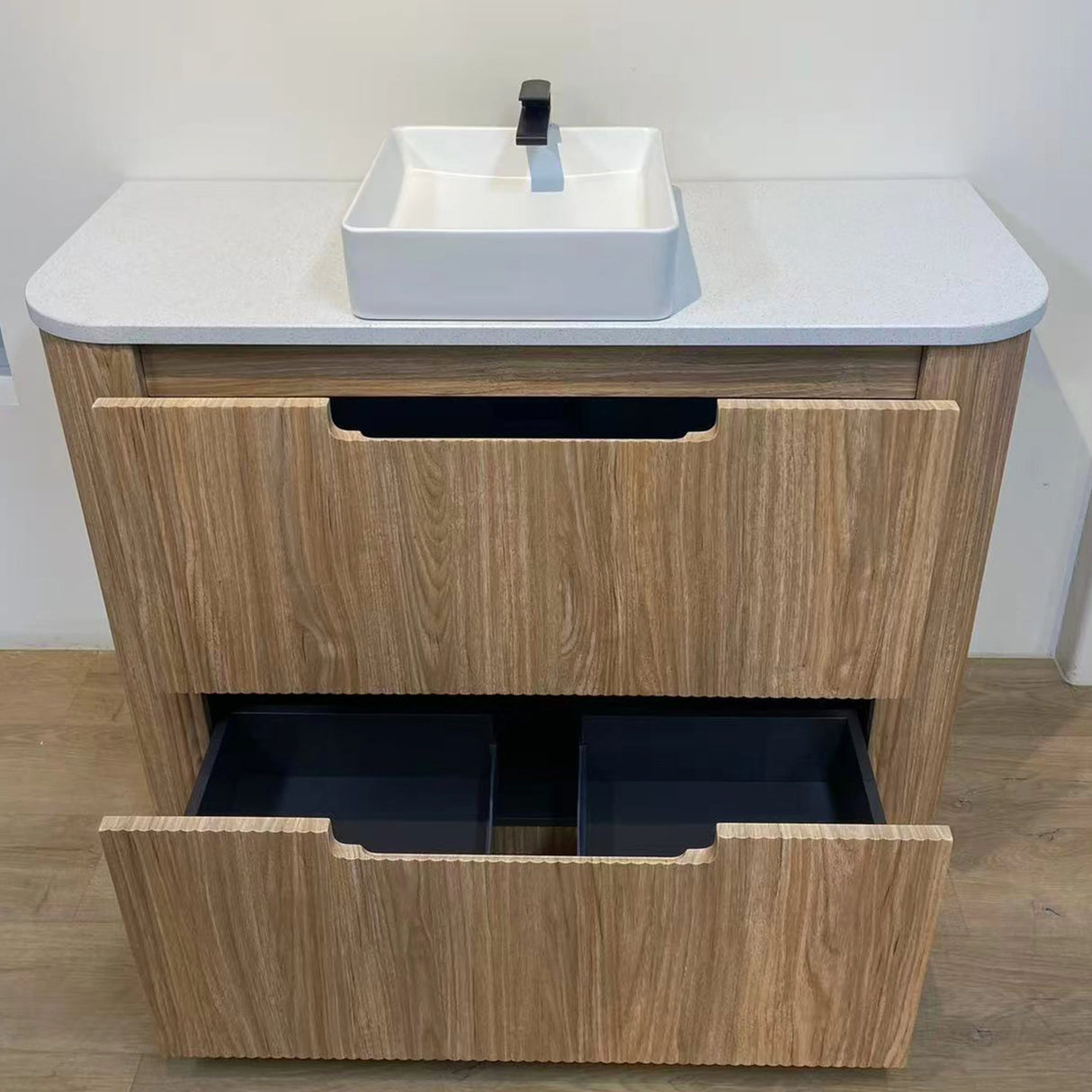 Aulic Varcelli Timber Harvest Oak 750/900mm Fluted Curved Freestanding Vanity Palis(Carrara) Stone top
