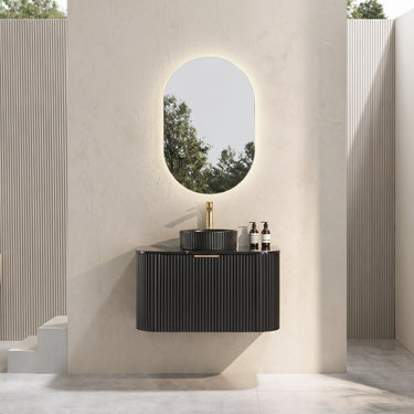 Avalon 900mm Fluted Curved Wall Hung Matte Black Vanity Nero Marquina Stone top