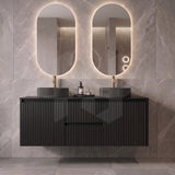 Fluted Matte Black Wall Hung Vanity Brindabella 1200mm Double Bowl Waterproof Carrara Stone Top