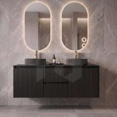 Fluted Matte Black Wall Hung Vanity Brindabella 1200mm Double Bowl Waterproof Carrara Stone Top