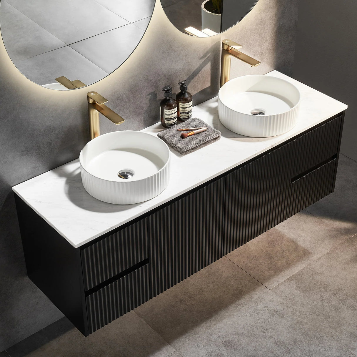 Fluted Wall Hung Vanity Brindabella 1500mm Double Bowl Matte Black Waterproof Carrara White Stone top