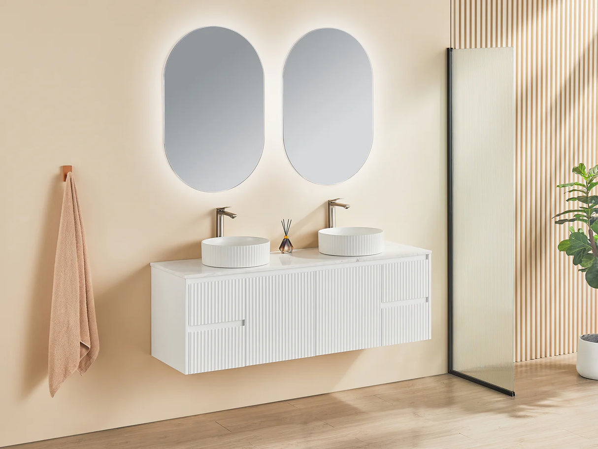 Brindabella Fluted 1500mm Double Bowl Matte White Waterproof Wall Hung Vanity Carrara White Stone top