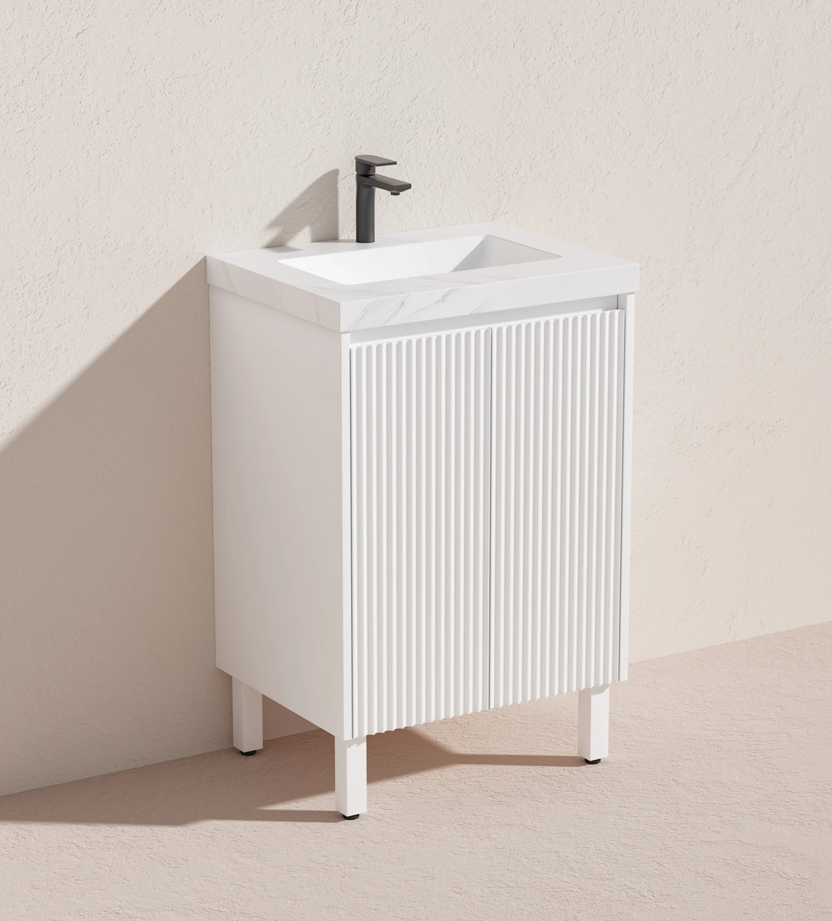 Brighton Fluted 600mm Matte White PVC Waterproof Freestanding Vanity Carrara Dimond Sintered Top 50mm
