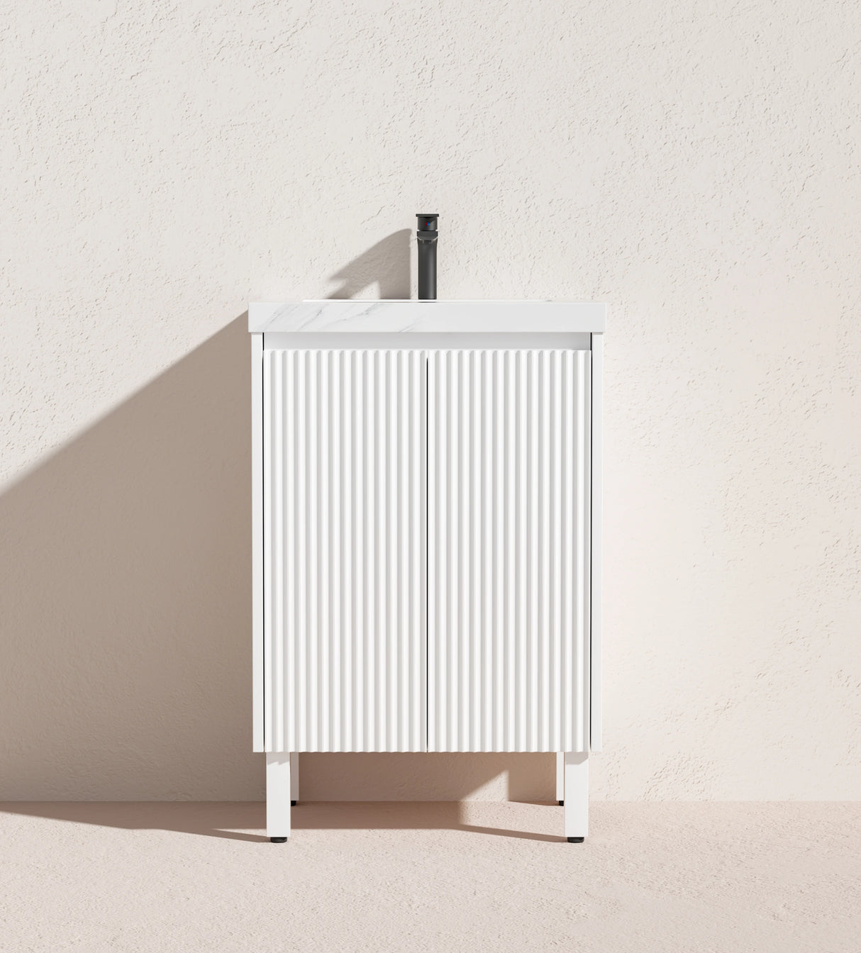 Brighton Fluted 600mm Matte White PVC Waterproof Freestanding Vanity Carrara Dimond Sintered Top 50mm