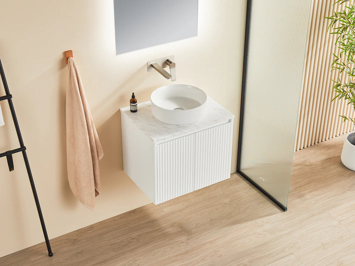 Fluted Wall Hung Vanity Brindabella 600mm Matte White Waterproof Mette White Solid Surface Stone top