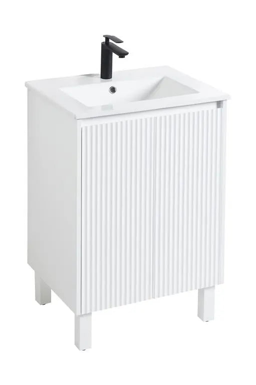 Brighton Fluted 600mm Matte White PVC Waterproof Freestanding Vanity Carrara Dimond Sintered Top 50mm