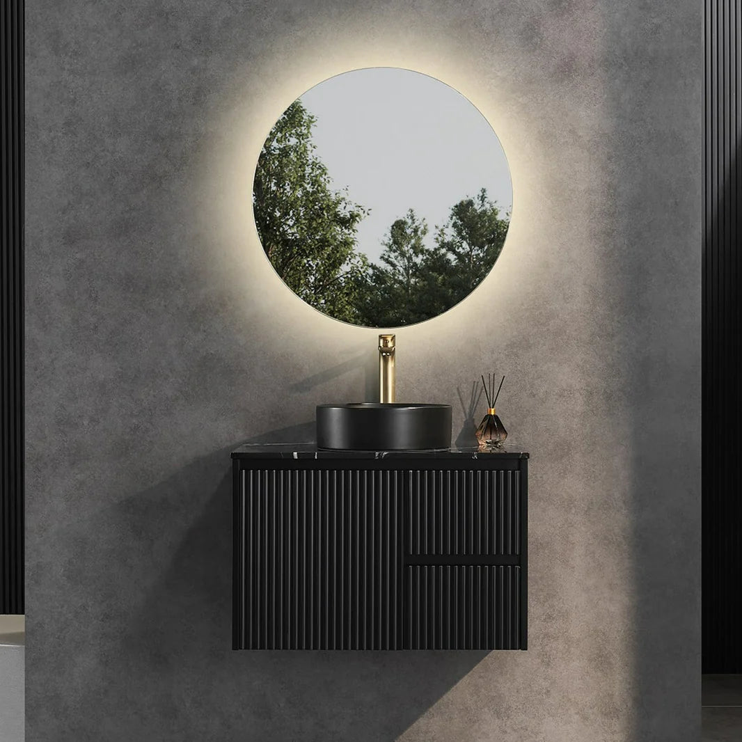 Brindabella Fluted 750mm Matte Black Waterproof Wall Hung Vanity Galaxy Black Stone top