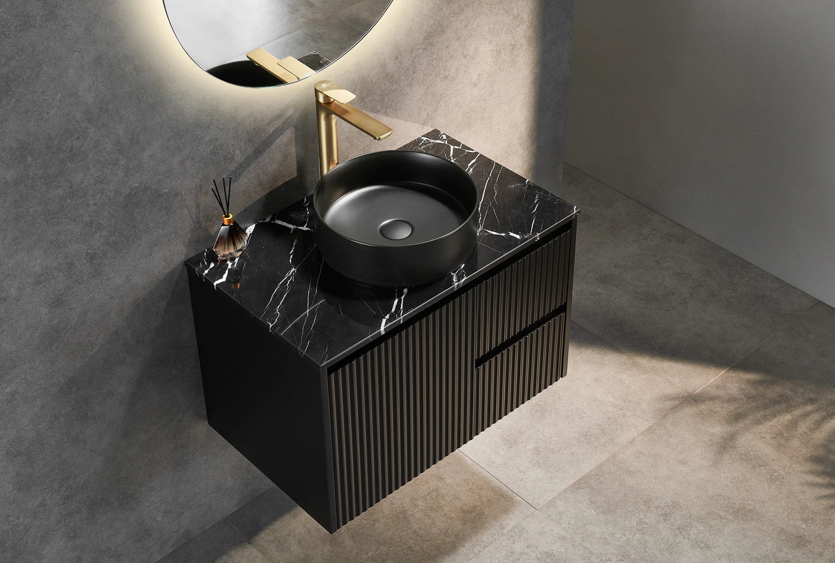 Brindabella Fluted 750mm Matte Black Waterproof Wall Hung Vanity Galaxy Black Stone top