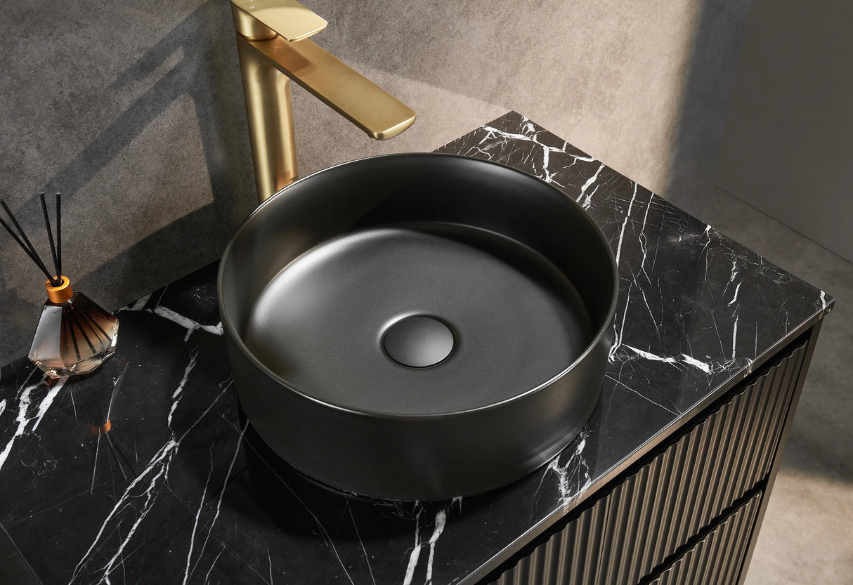 Brindabella Fluted 750mm Matte Black Waterproof Wall Hung Vanity Galaxy Black Stone top