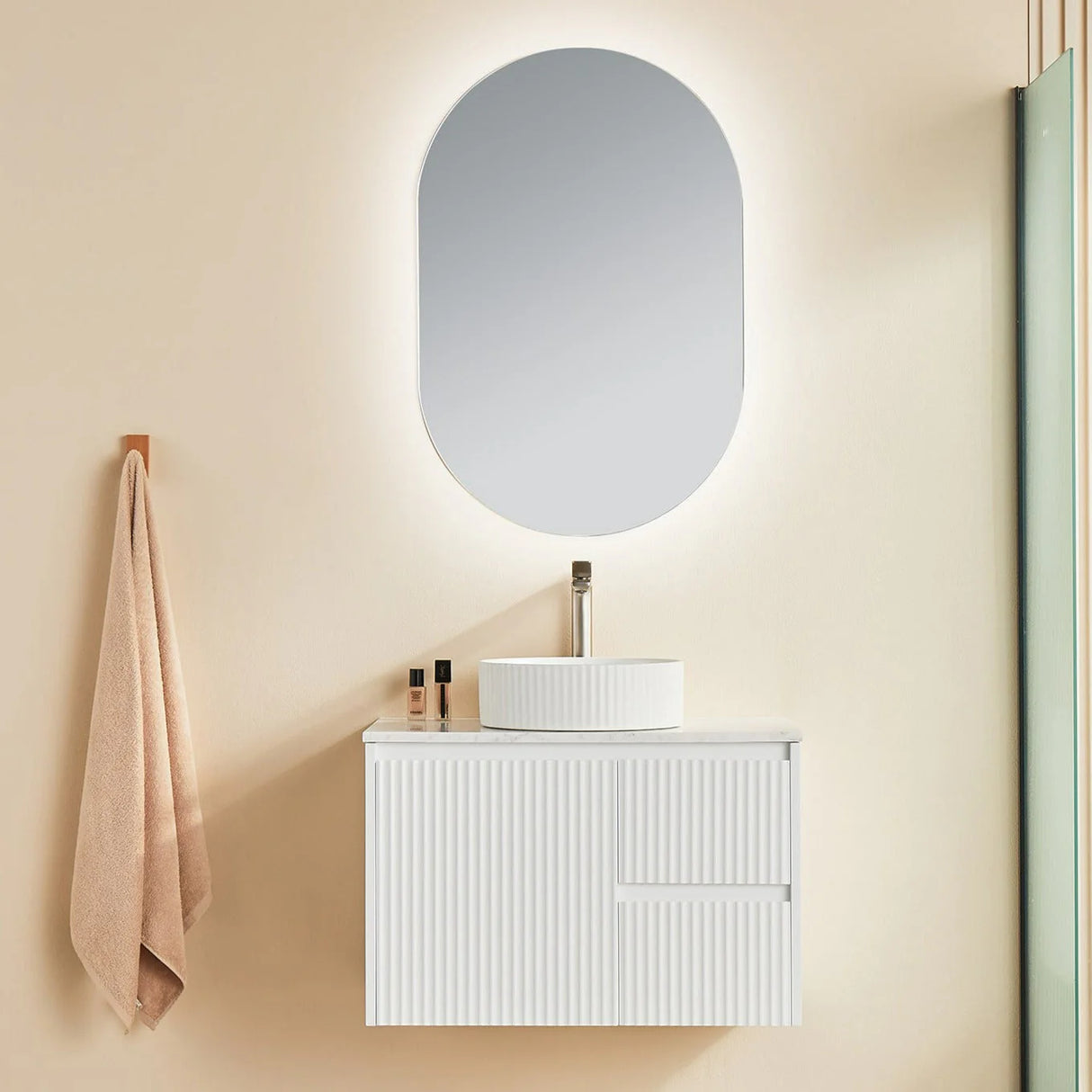Fluted Wall Hung Vanity Brindabella 750mm Matte White Waterproof Galaxy Black Stone top
