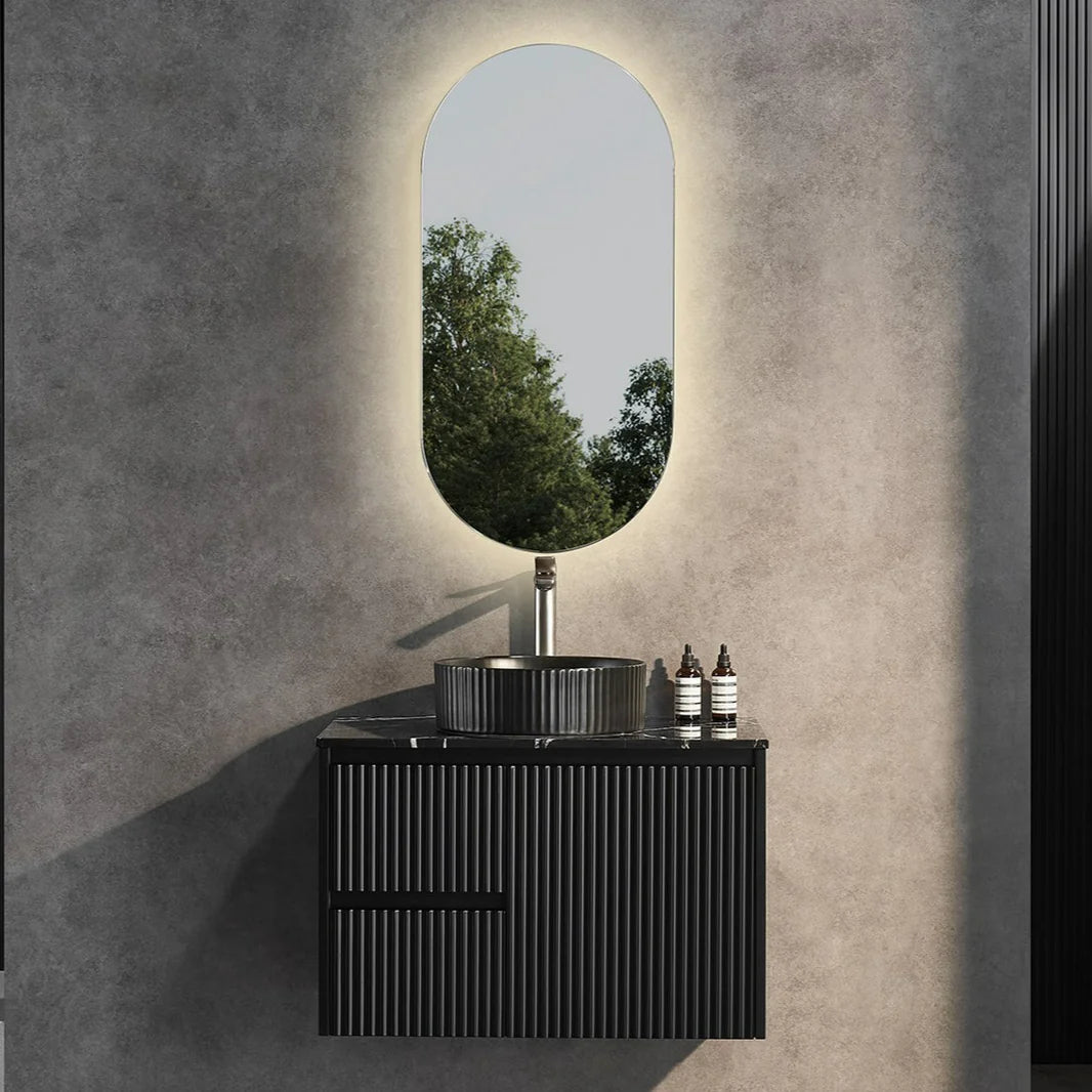 Brindabella Fluted 750mm Matte Black Waterproof Wall Hung Vanity Galaxy Black Stone top