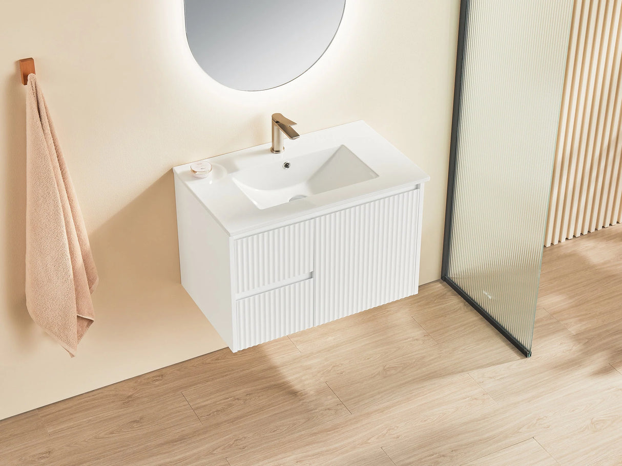 Fluted Wall Hung Vanity Brindabella 750mm Matte White Waterproof Galaxy Black Stone top