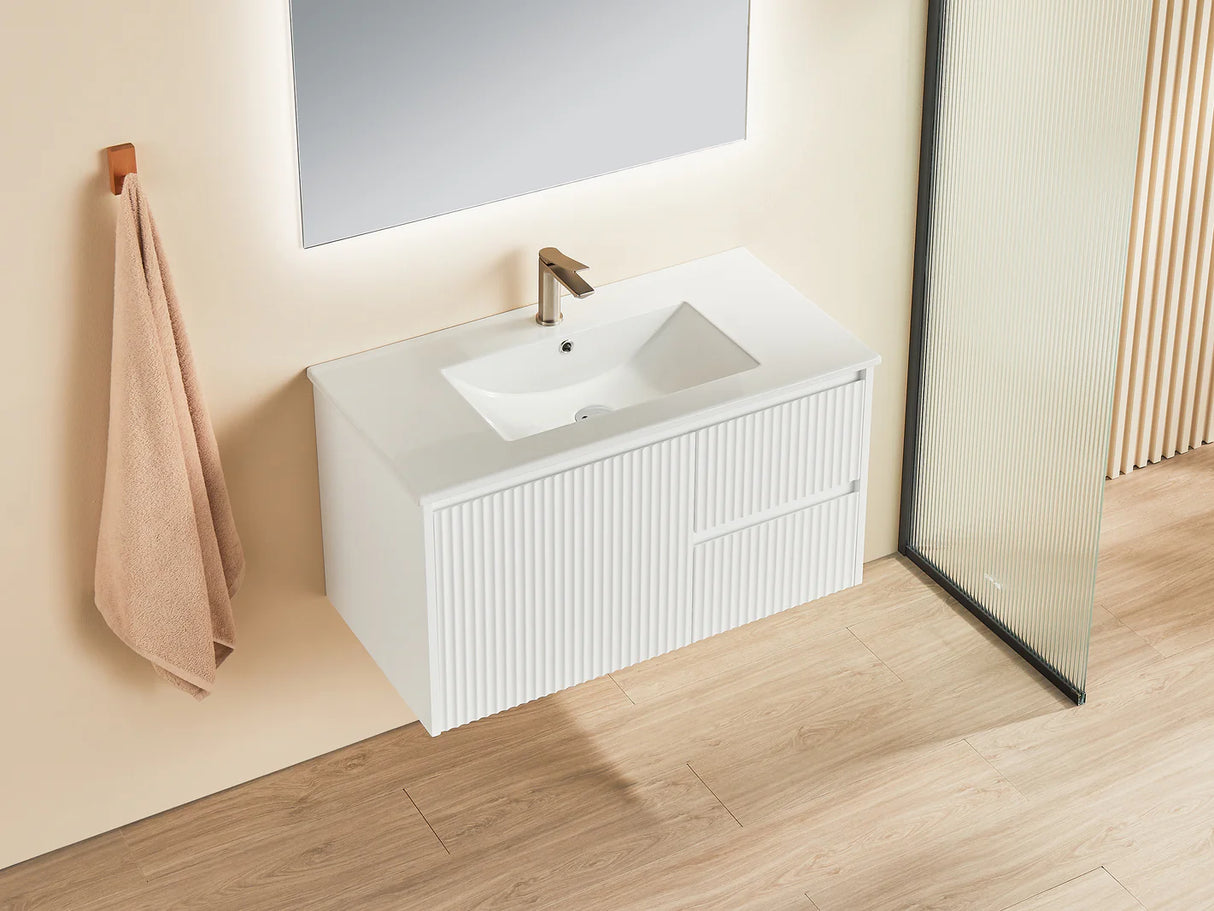 Fluted Wall Hung Vanity Brindabella 900mm Matte White Waterproof Bianco Twirl Stone top