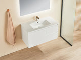Fluted Wall Hung Vanity Brindabella 900mm Matte White Waterproof Bianco Twirl Stone top