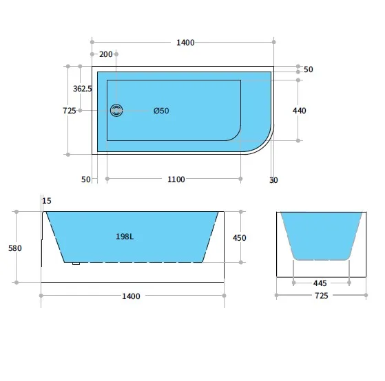 Left Corner Bathtub Matte/Gloss White Casey Back to Wall 1400mm