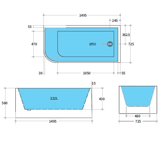Right Corner Bathtub Matte/Gloss White Casey Back to Wall 1500mm