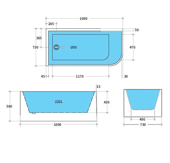 Left Corner Bathtub Matte/Gloss White Casey Back to Wall 1700mm