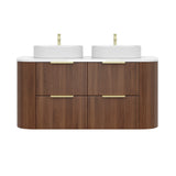 Timber Walnut Artis 1200mm Fluted Curved Waterproof Double Bowl Wall Hung Vanity Imperial Statuario Stone top