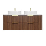 Timber Walnut Artis 1500mm Fluted Curved Waterproof Wall Hung Double Bowl Vanity Calacatta Stone top