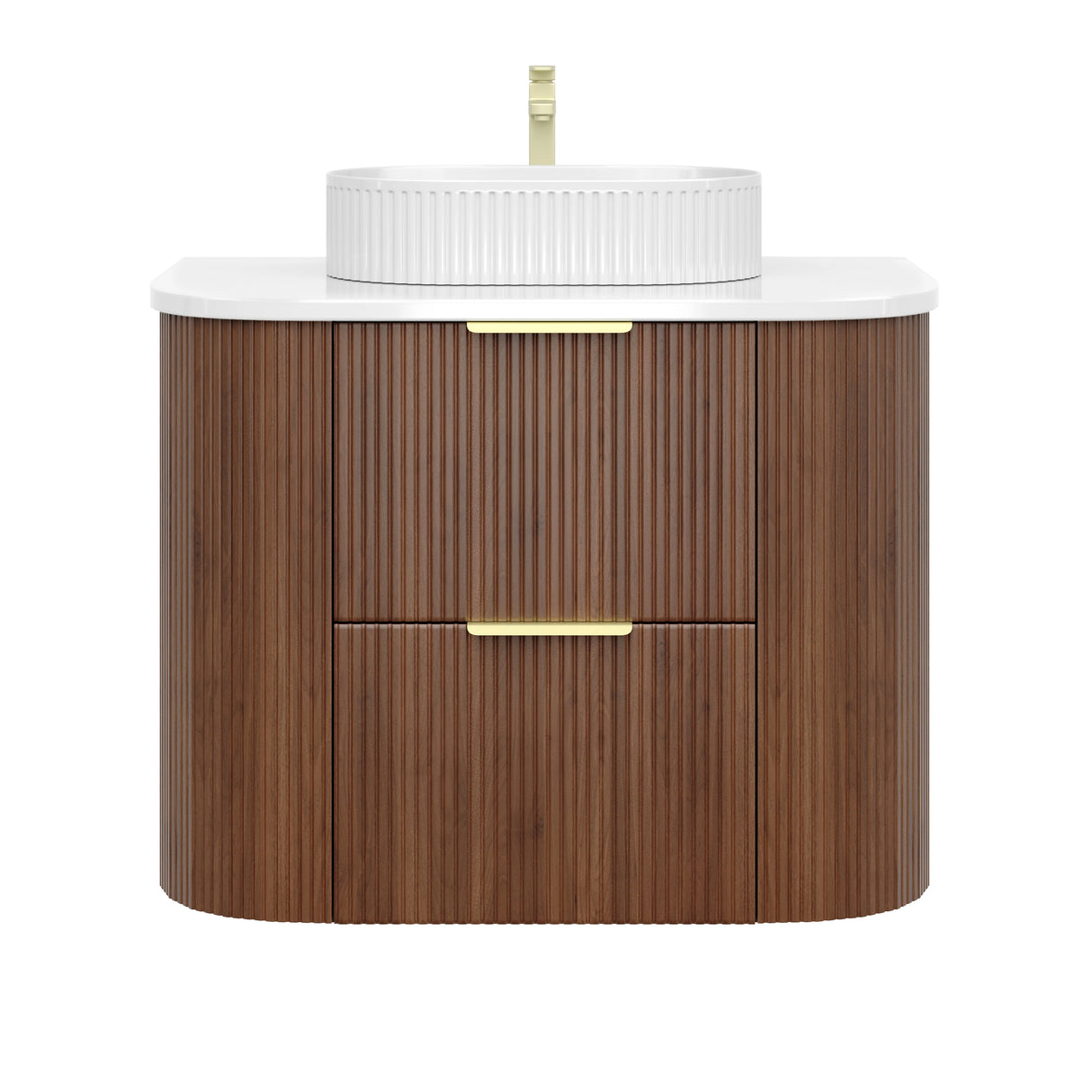Timber Walnut Artis 750mm Fluted Curved Waterproof Wall Hung Vanity Imperial Statuario Stone top