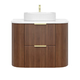 Timber Walnut Artis 750mm Fluted Curved Waterproof Wall Hung Vanity Imperial Statuario Stone top