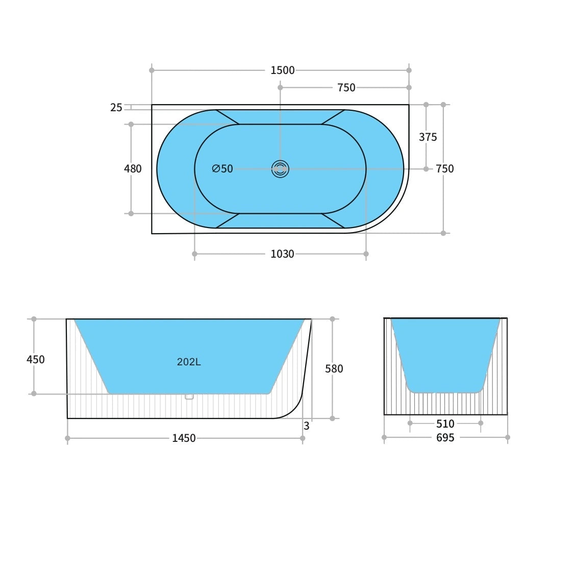 Binge 1500mm Fluted Left Corner Back to Wall Gloss White Bathtub