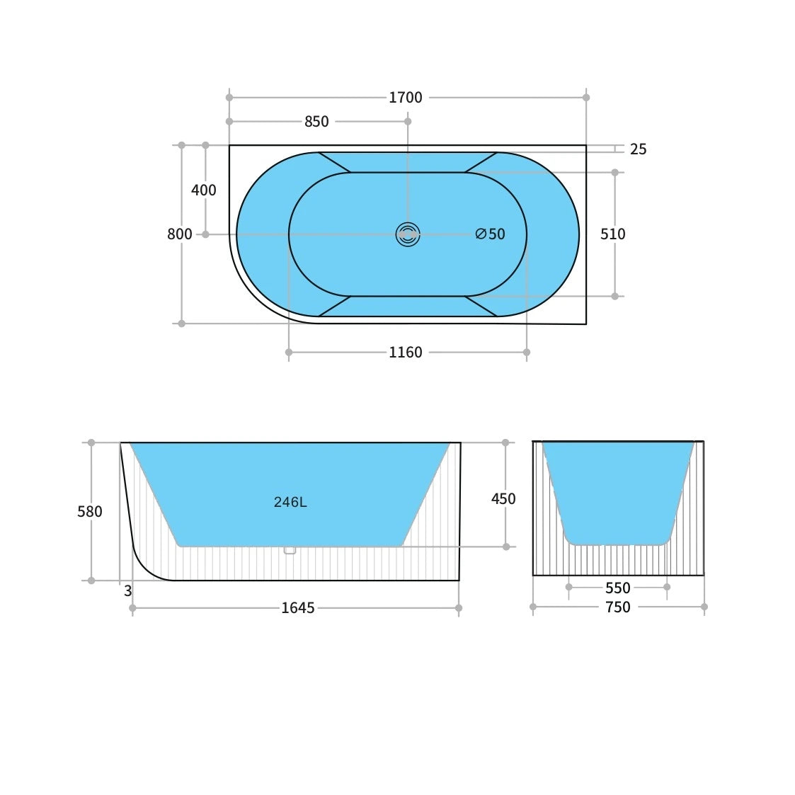 Binge 1700mm Fluted Right Corner Back to Wall Matte White Bathtub