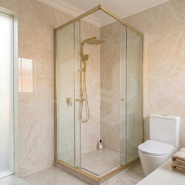 Brushed Gold 800/850/900/950/1000/1050/1100/1200mm Cov Semi Frameless Double Sliding Corner Shower Screen