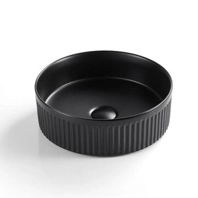 Black ceramic bowl with ribbed texture on a white background